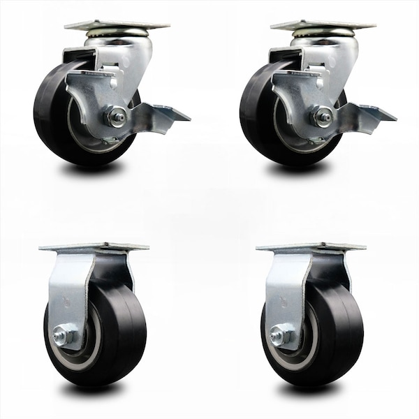 4 Inch Rubber on Aluminum Caster Set with Ball Bearings 2 Brakes 2 Rigid